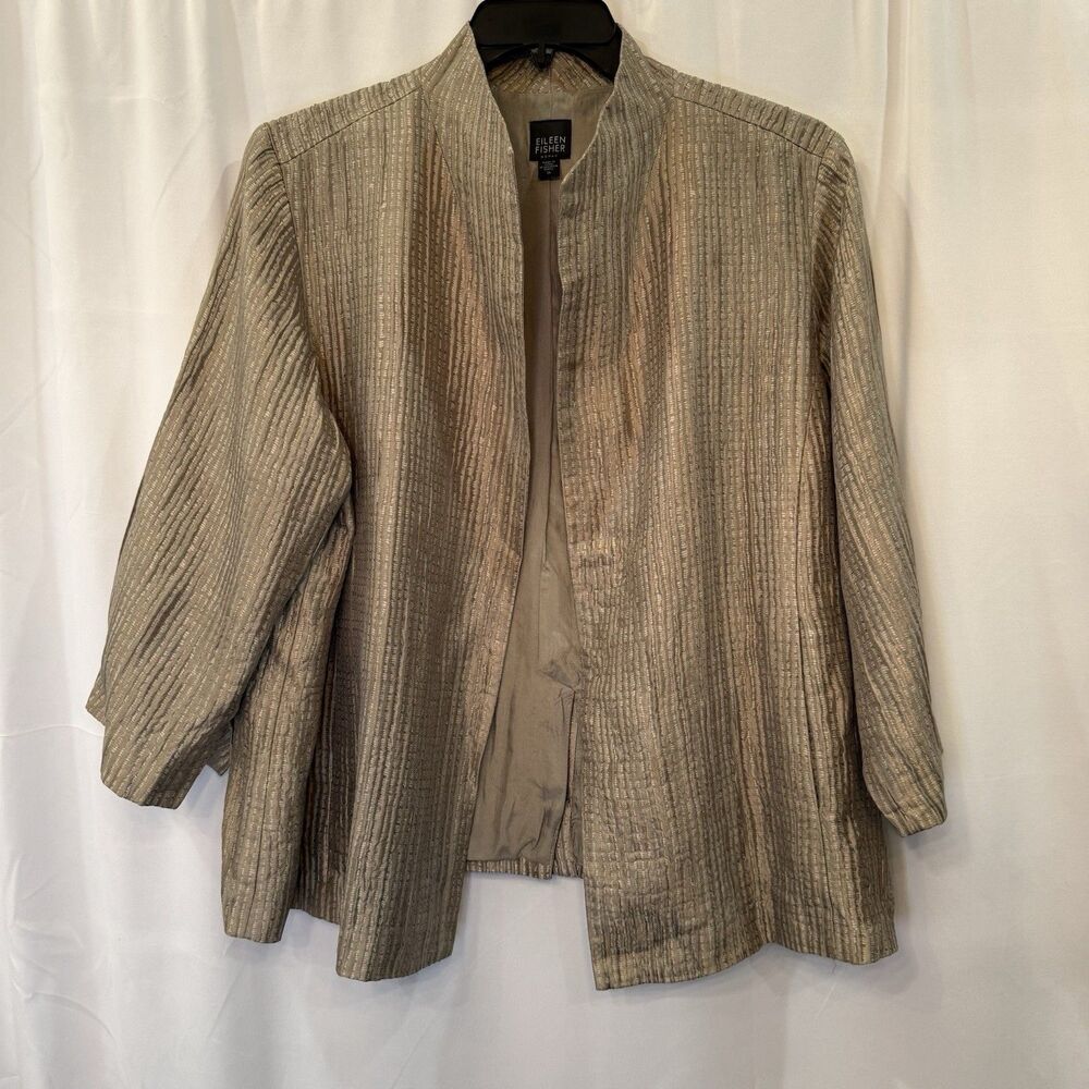 Eileen Fisher Blazer 1X Silk Gold Sparkle Open Long Sleeve Lagenlook